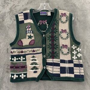North Crest Christmas Sweater Vest Womens S Green Purple Patchwork Button Vtg